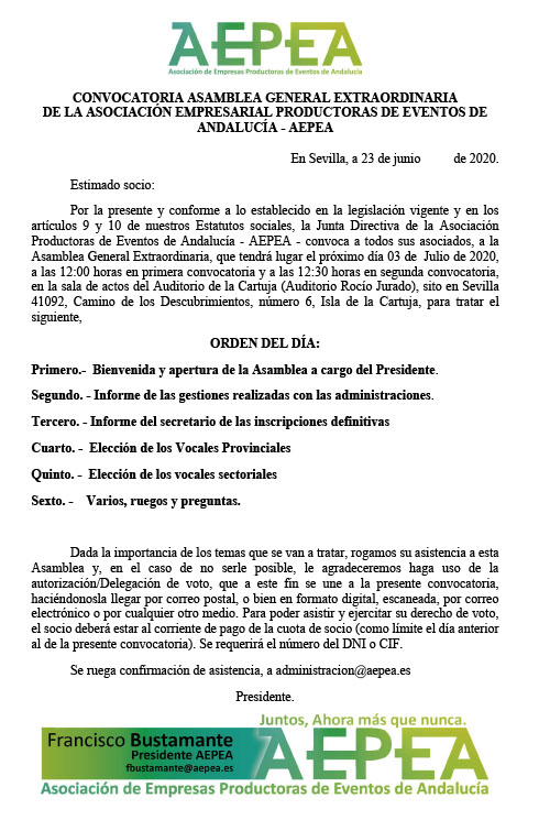 CONVOCATORIA ASAMBLEA GENERAL EXTRAORDINARIA - AEPEA - 3JULIO 2020